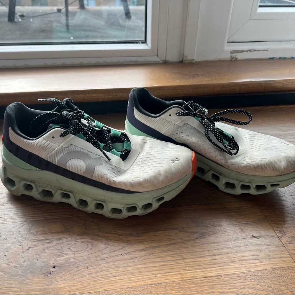 ON cloudmonster - White and Navy Athletic Shoes with Orange Accents - Picture 3 of 5